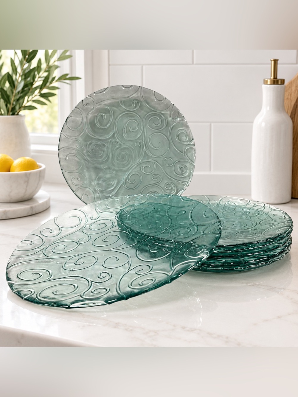 Pier 1 P1C15 Glass Dinner Plates 11” Set of 6 Gray Scroll Discontinued